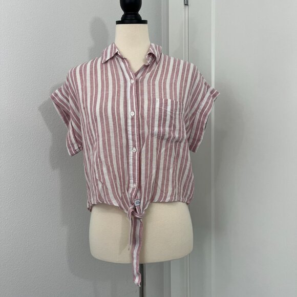 Rails Small Red, White Thea Linen Blend Stripe Short Sleeve Waist Tie T-Shirt - Picture 2 of 16